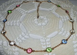 Vintage Pastel Multi Colored Crystal Bezel Necklace Gold Tone Unsigned Austrian? 3