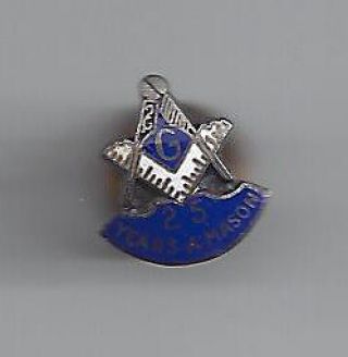 Vintage 25 Years A Mason,  Enameled Sterling Silver Screw - Back Lapel Pin