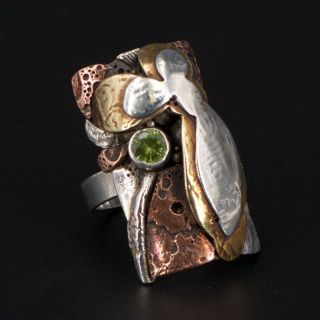 Vtg Sterling Silver & Brass Copper Accent Abstract Peridot Ring Size 7.  5 - 12.  5g