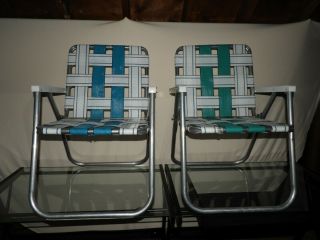 2 Vintage Aluminum Folding Webbed Sunbeam Lawn Arm Beach Patio Chairs