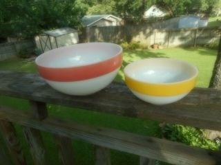 Pair Vintage Fire King Colonial Band Rim Pink Yellow Stripe Mixing Bowls