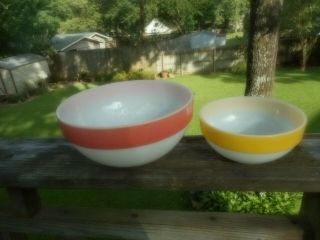 Pair VINTAGE FIRE KING COLONIAL BAND RIM PINK YELLOW STRIPE MIXING BOWLS 3