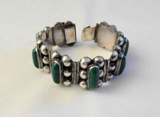Vintage Mexico Sterling Silver & Green Stone Cabochons Bracelet 36 Grams