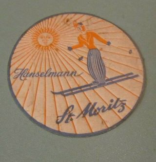 Vintage Cafe Hanselmann St.  Moritz Switzerland Fabric Drink Coaster Skiing Motif