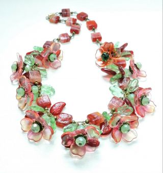 Vintage Pink Red Orange Green Flowers Lampwork Art Glass Bead Necklace Jn19283