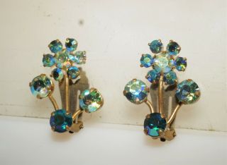 Vintage Signed Austria Green Blue Aurora Borealis Rhinestone Clip On Earrings