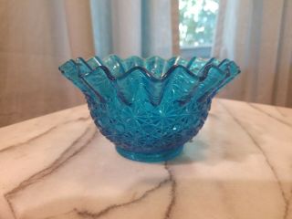 Vintage Turquoise Blue Glass Ruffled Edge Bowl Candy Dish Star Pattern