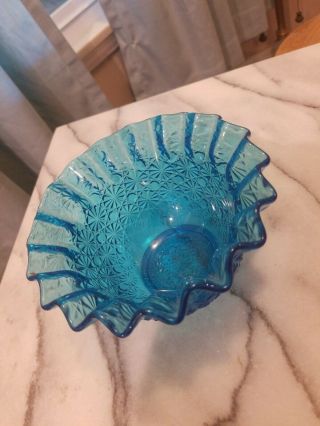 Vintage Turquoise Blue Glass Ruffled Edge Bowl Candy Dish Star Pattern 2