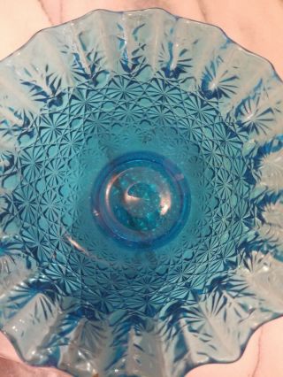 Vintage Turquoise Blue Glass Ruffled Edge Bowl Candy Dish Star Pattern 4