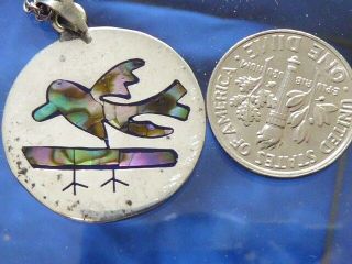 Vintage Older Taxco Mexico Sterling Abalone Shell Bird Necklace Pendant