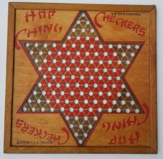 Chinese Checkers Marble Game Mid Cent Hop Ching Wood Vintage Painted Game Board