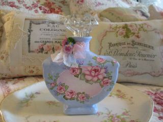 Shabby Chic Hand Painted Roses - Vintage Bottle With Crystal Top