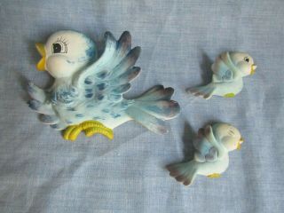 Vintage Lefton Porcelain Blue Birds Wall Hanging Set Of 3