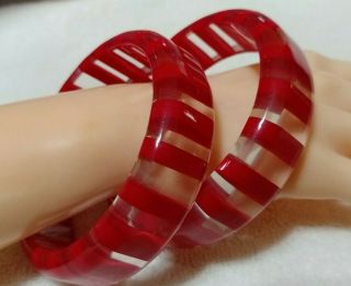 Vintage 2 Pc.  Red And Clear Striped Lucite Bangle Bracelets