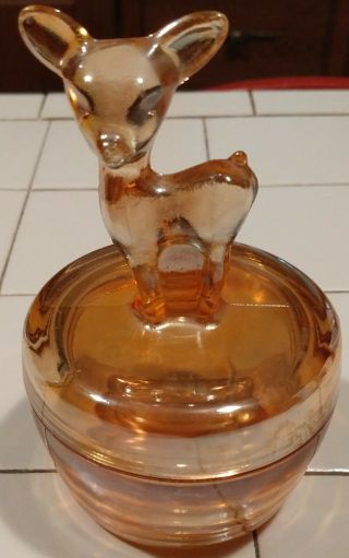 Vintage Jeannette Glass Marigold Carnival Glass Deer Fawn Trinket Box Candy Dish