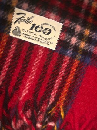 Vintage Faribo Mills Red Plaid 100 Wool Blanket Fringe Trim 100 Years Faribaut