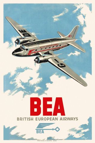 Vintage 1940s British Aviation Poster Douglas Dc3 Bea Clouds Sky Retro Print