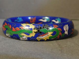 Vintage Chinese Cloisonne Blue Enamel Dragon Bangle Bracelet