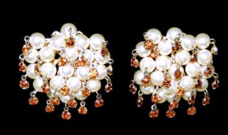 Vtg Faux Pearl Cluster Amber Rhinestone Large Dangle Clip On Earrings.  Pat Pend