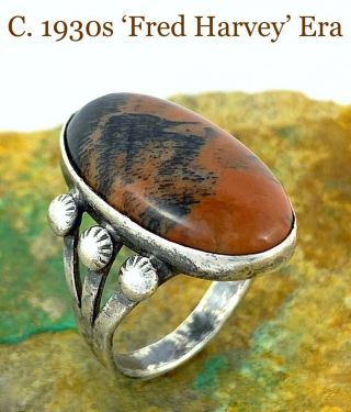 Vintage C1930s Fred Harvey Era Navajo Sterling Silver Petrified Wood Ring Sz 4.  5