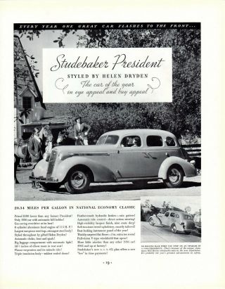 1936 Vintage Print Ad Car Automobile Studebaker President Styled Helen Dryden Ad
