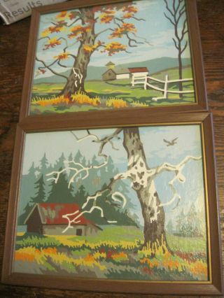 Vtg Oil Paint By Number Fall/farm/country Scene 10x9 Set Of 2 Faux Wood Framed