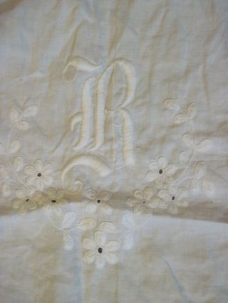 Vintage White French Linen Embroidered Monogram R Big Towel Small Tablecloth 30