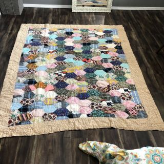Vintage Hexagon Patchwork Quilt Blanket Bedspread 87”x74” Full/queen