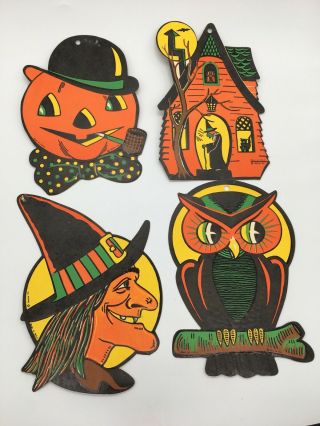 Vtg Beistle Halloween Decorations Diecut Witch Owl Pumpkin Haunted House