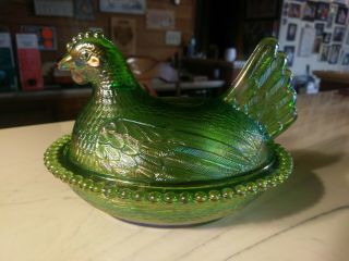Vintage Indiana Green Depression Glass Chicken Hen On Nest Covered Dish