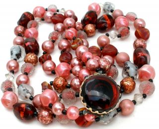 Vintage Pink & Brown Bead Necklace Multi Strand Foil Art Glass Lucite Jewelry