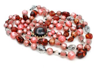 Vintage Pink & Brown Bead Necklace Multi Strand Foil Art Glass Lucite Jewelry 2