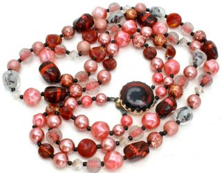 Vintage Pink & Brown Bead Necklace Multi Strand Foil Art Glass Lucite Jewelry 3