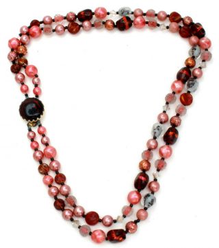 Vintage Pink & Brown Bead Necklace Multi Strand Foil Art Glass Lucite Jewelry 4