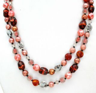 Vintage Pink & Brown Bead Necklace Multi Strand Foil Art Glass Lucite Jewelry 6