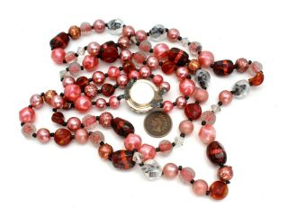 Vintage Pink & Brown Bead Necklace Multi Strand Foil Art Glass Lucite Jewelry 7