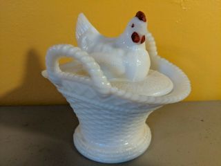Vintage Westermoreland White Milk Glass Red Hen On A Nest Basket With Handles