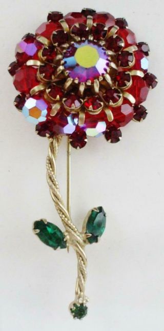 Vintage Flower Pin Brooch W/red & Green Rhinestones,  Red Glass Beads