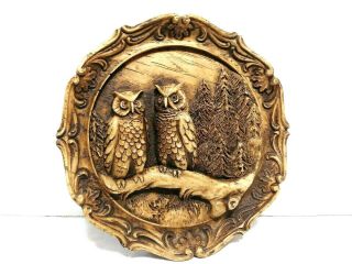 Carved Owl Wall Plaque Round Vintage 6 "
