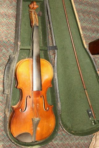 Vintage Unmarked 4/4 Violin And Bow Old Wood Coffin Case Made In Germany P/r