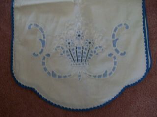 Vintage Hand Embroidered & Edged Table Runner Dresser Scarf Blue White 46 " X16 "