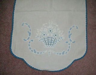 Vintage hand embroidered & edged table runner dresser scarf blue white 46 