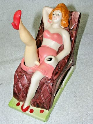Vintage Naughty Lady in Undies with Nodder Leg on Lounge Chair - Ashtray 2