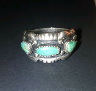 Vintage Native Sterling Silver Ring With 3 Turquoise Stones Handcrafted - Size 7