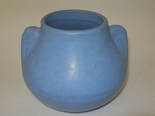 Vintage Brush Mccoy Arts & Crafts Mission Pottery Squat Vase Vellum Blue Handles