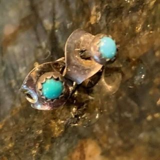 Vintage Sterling Silver Turquoise Tiny Stud Post Earrings Great Detail