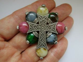 Vintage Signed Miracle Scottish Celtic Cross Agate Pendant Brooch Kilt Pin