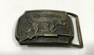 Remington Belt Buckle Bird Hunting Hunt Dog Shotgun Vintage Retro 70s Brass 1974