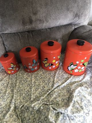 Vintage 4pc Nesting Canister Set Ransburg Metal Orange W/colored Butterflies