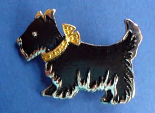 Pin Scottie Dog Vintage Black Enamel Gold Bow Silver Tone Metal